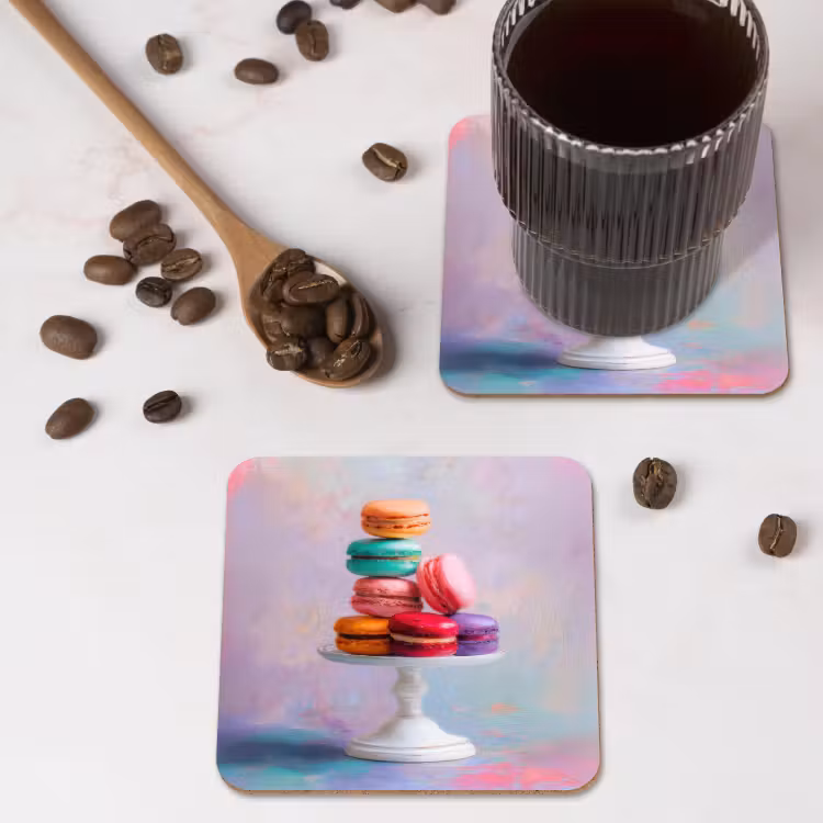 Macarons - Schaal - Pastel - Kleurrijk onderzetter kurk middel -sfeer2