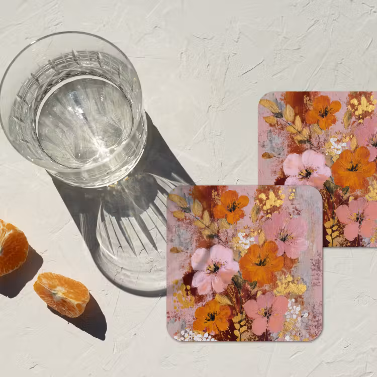 Schilderij - Bloemen - Rustiek - Roze onderzetter kurk middel -sfeer4