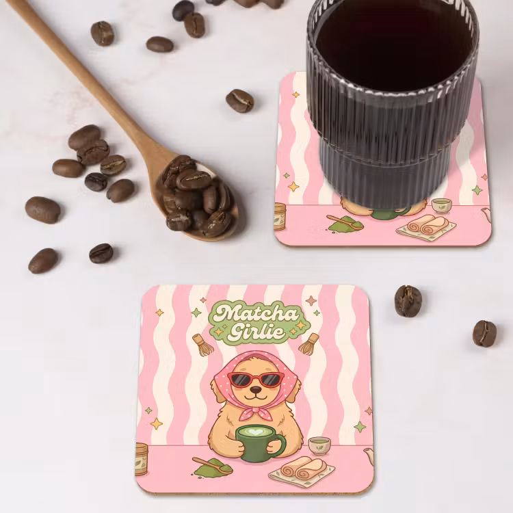 Matcha - Hond - Roze - Groen onderzetter kurk middel -sfeer2