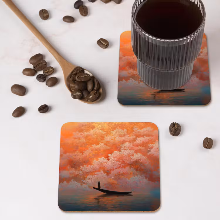 Zee - Boot - Wolken - Oranje onderzetter kurk middel -sfeer2