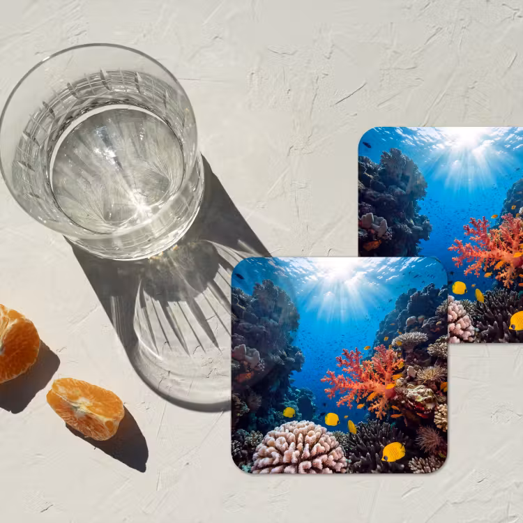 Zee - Koraalrif - Natuur - Levendig - Blauw onderzetter kurk middel -sfeer4