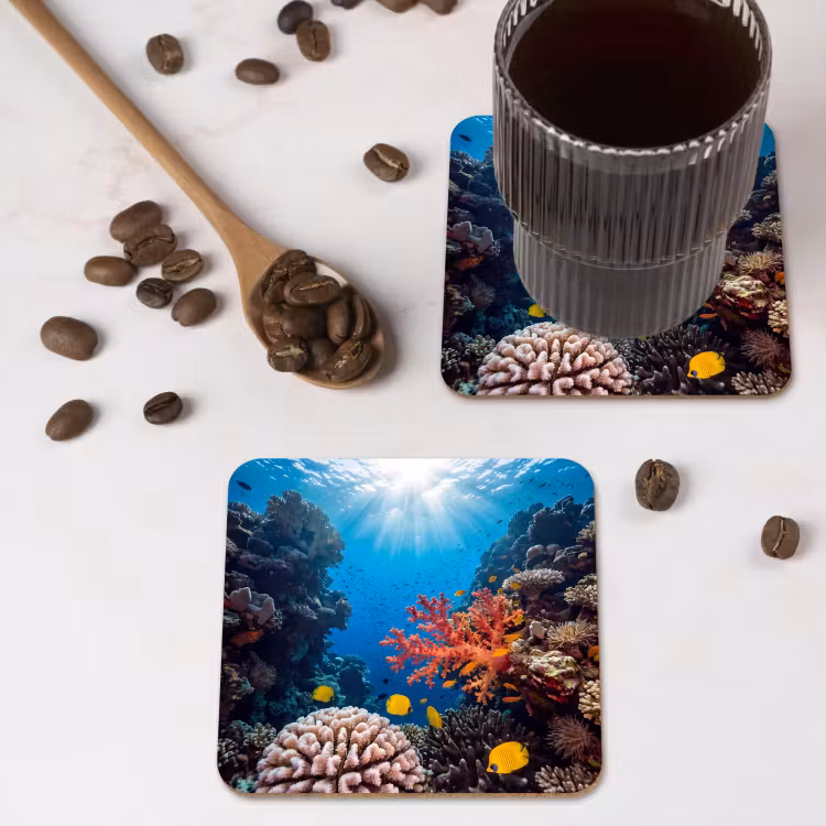 Zee - Koraalrif - Natuur - Levendig - Blauw onderzetter kurk middel -sfeer2