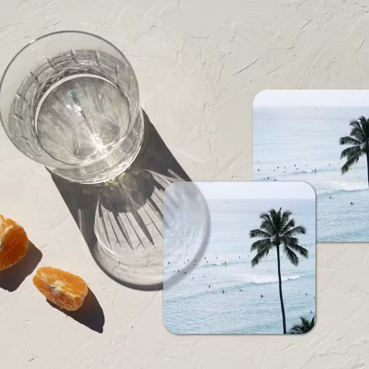 Oceaan - Palmbomen - Surfers onderzetter kurk middel -sfeer4