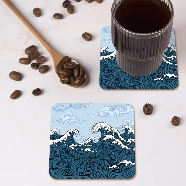 Zee - Golven - Japans - Natuur - Blauw onderzetter kurk middel -sfeer2