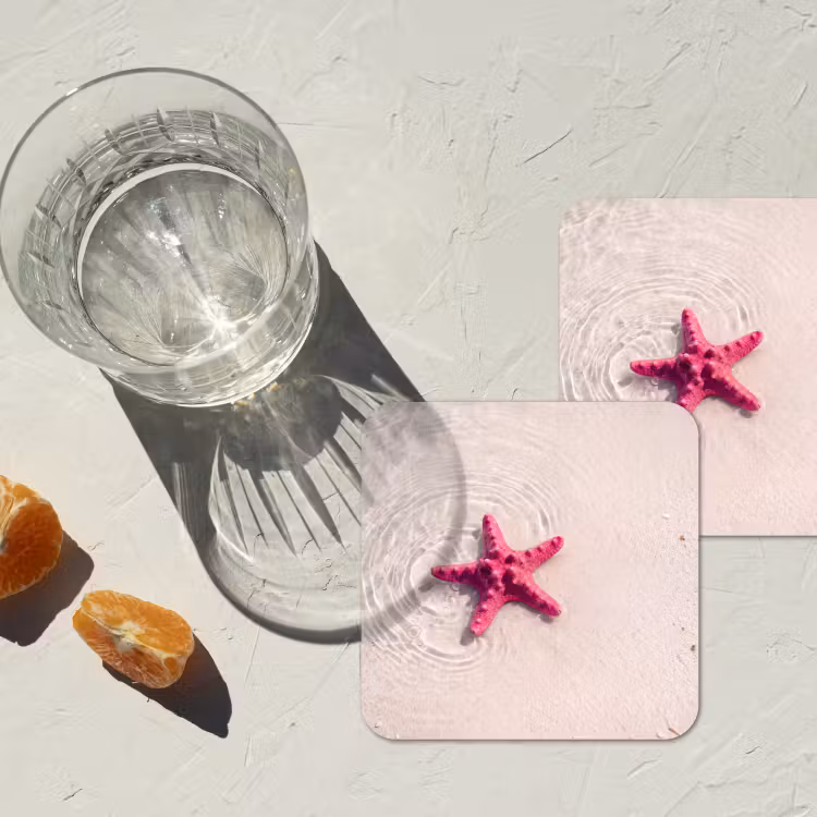 Zeeleven - Zeester - Strand - Roze - Water onderzetter kurk middel -sfeer4