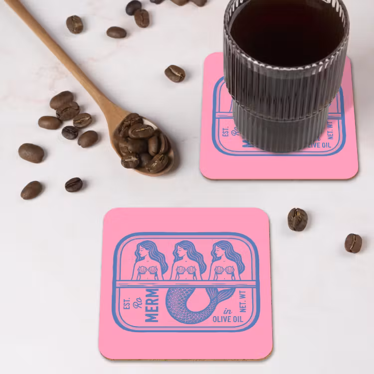 Meermin - Sardineblik - Illustratie - Roze - Retro onderzetter kurk middel -sfeer2