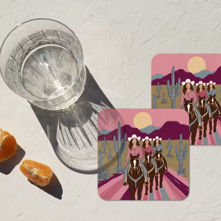 Mensen - Paard - Woestijn - Abstract - Roze onderzetter kurk middel -sfeer4