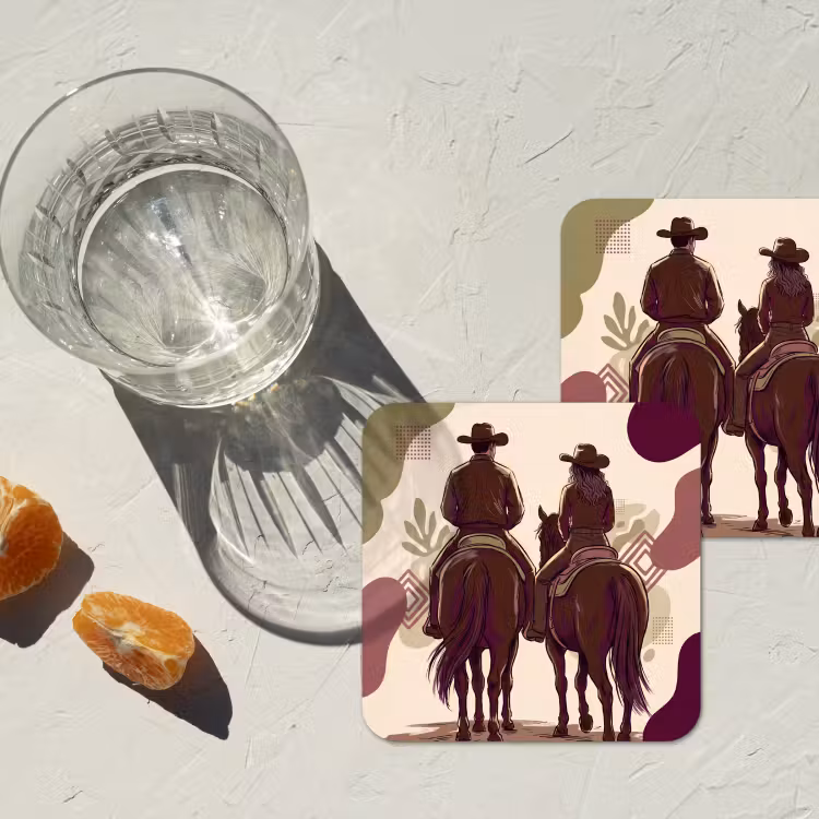 Mensen - Ruiters - Western - Illustratie - Bruin onderzetter kurk middel -sfeer4