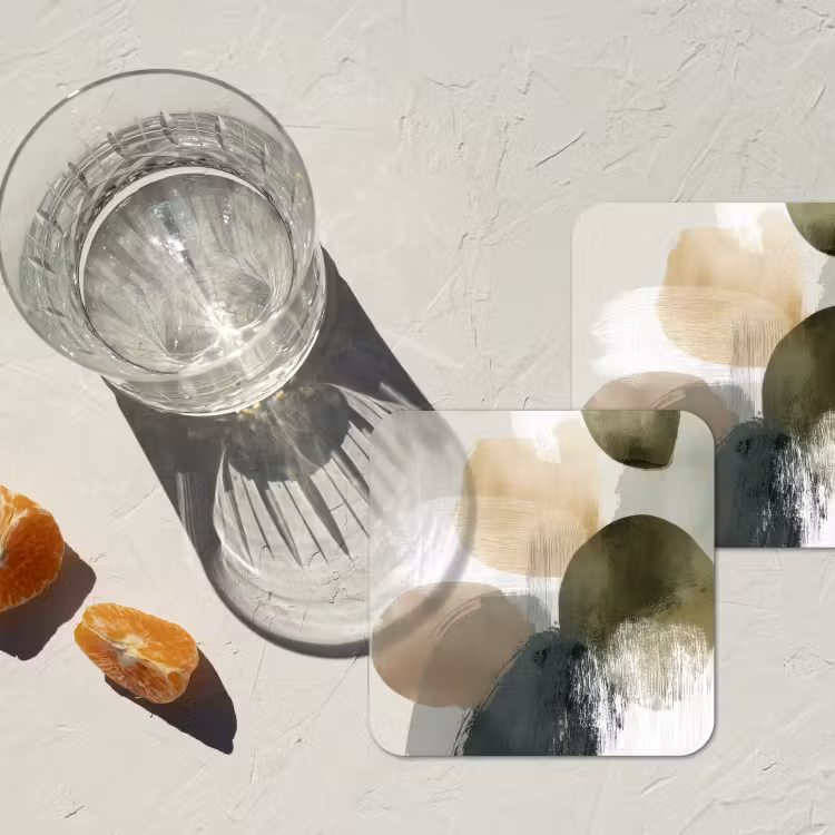 Minimalistisch - Cirkels - Penseelstreken - Beige onderzetter kurk middel -sfeer4