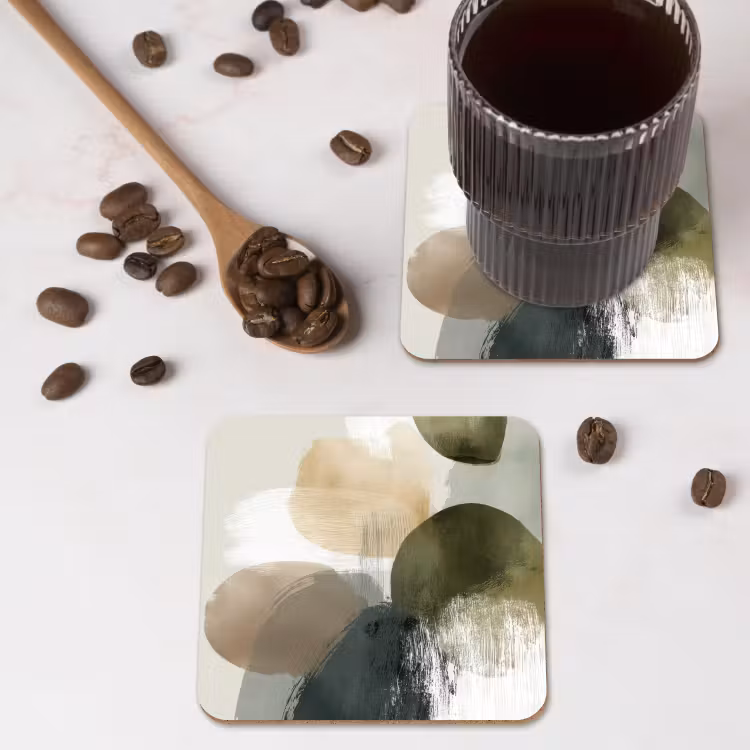 Minimalistisch - Cirkels - Penseelstreken - Beige onderzetter kurk middel -sfeer2
