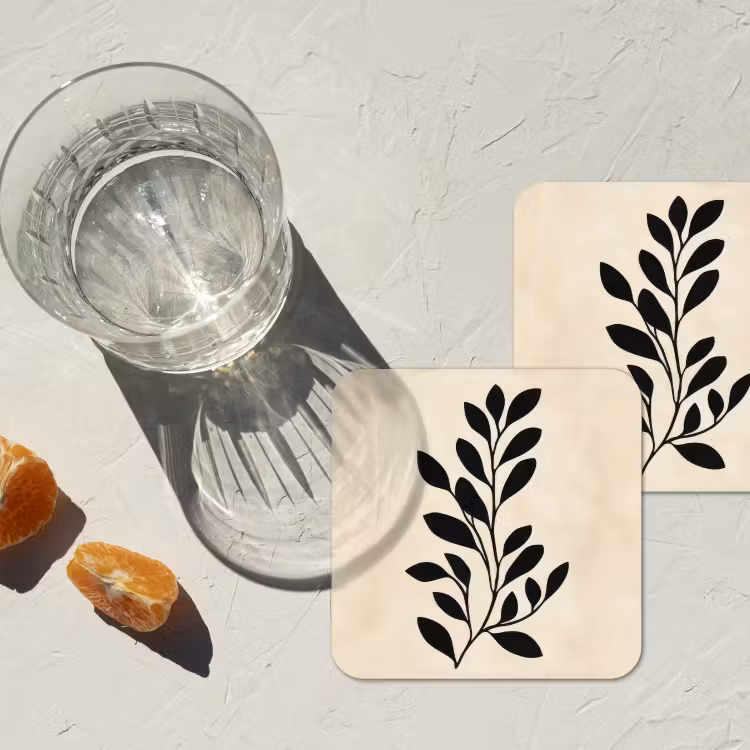 Minimalistisch - Tak - Bladeren - Zwart onderzetter kurk middel -sfeer4