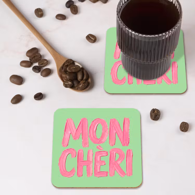 Mon cheri - Groen - Roze onderzetter kurk middel -sfeer2