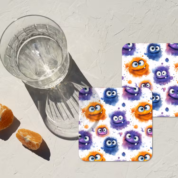 Monstertjes - Aquarel - Kleurrijk onderzetter kurk middel 366 -sfeer4