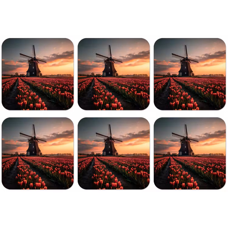 Molen - Zonsondergang - Tulpen - Rood onderzetter kurk middel -zkaufland3dotto