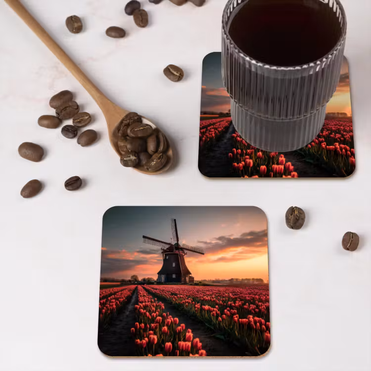 Molen - Zonsondergang - Tulpen - Rood onderzetter kurk middel -sfeer2