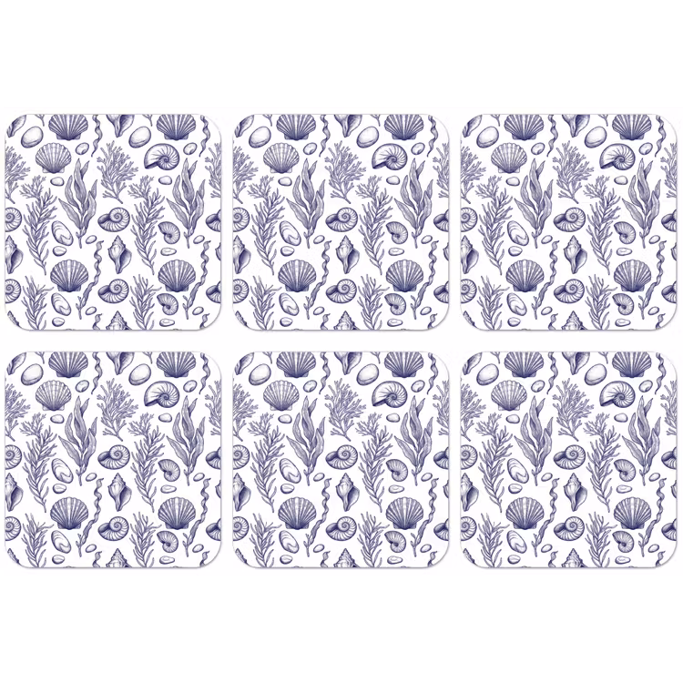 Schelpen - Zeewier - Oceaan - Illustratie - Blauw onderzetter kurk middel -zkaufland3dotto