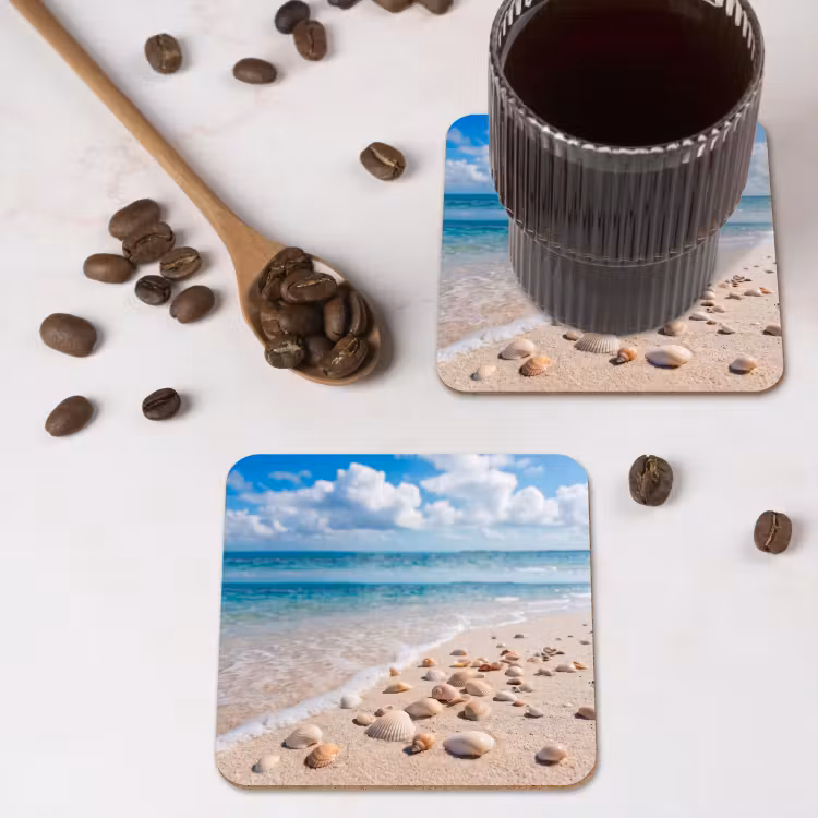 Schelpen - Strand - Natuur - Beige onderzetter kurk middel -sfeer2