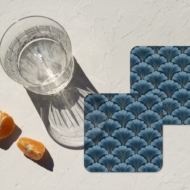 Patroon - Ginkgoblad - Blauw onderzetter kurk middel 366 -sfeer4