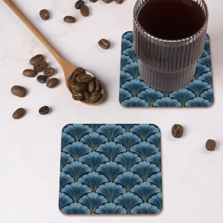 Patroon - Ginkgoblad - Blauw onderzetter kurk middel 366 -sfeer2