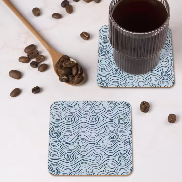 Patroon - Golven - Abstract - Modern - Blauw onderzetter kurk middel -sfeer2