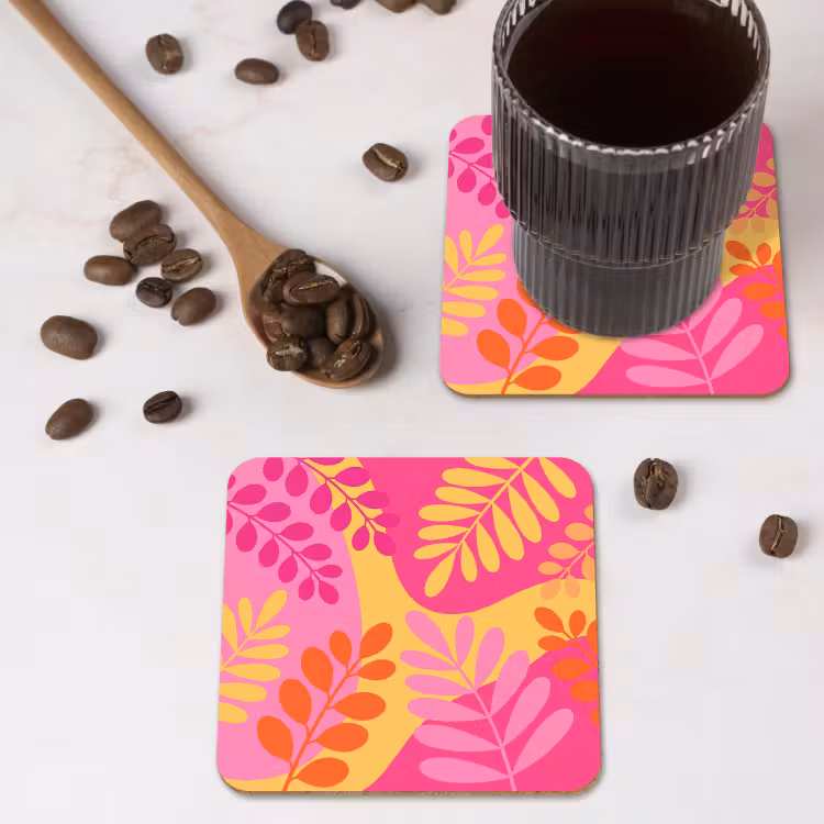 Natuur - Bladeren - Abstract - Roze - Geel onderzetter kurk middel -sfeer2