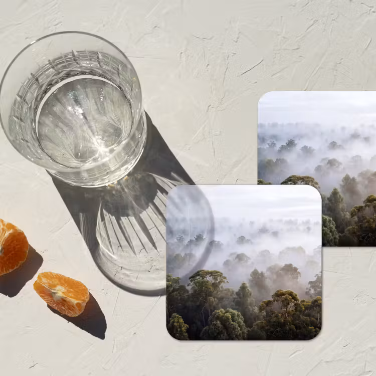 Natuur - Mist - Bos - Ochtend - Goud onderzetter kurk middel -sfeer4