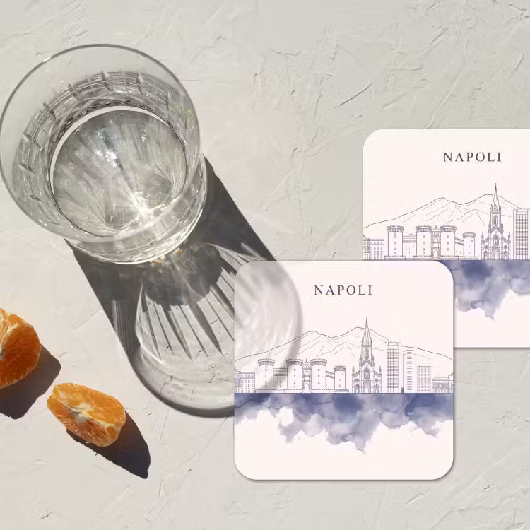 Napels - Skyline - Italie - Lijntekening - Aquarel onderzetter kurk middel -sfeer4