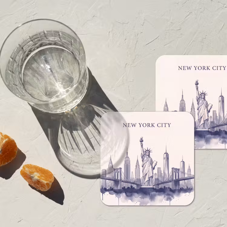 New York - Vrijheidsbeeld - Skyline - Illustratie - Blauw onderzetter kurk middel -sfeer4