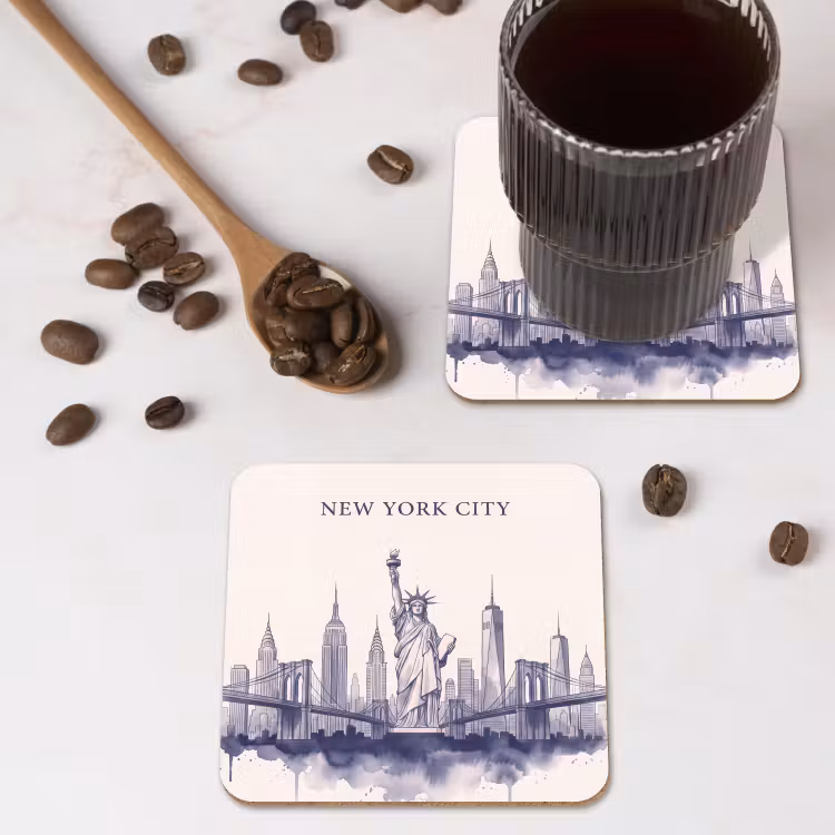 New York - Vrijheidsbeeld - Skyline - Illustratie - Blauw onderzetter kurk middel -sfeer2