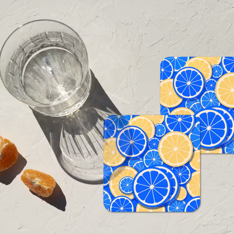 Fruit - Schijven - Patroon - Modern - Blauw - Geel onderzetter kurk middel -sfeer4