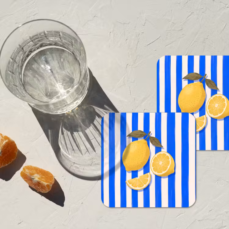 Fruit - Citroen - Zomer - Geel - Blauw onderzetter kurk middel -sfeer4