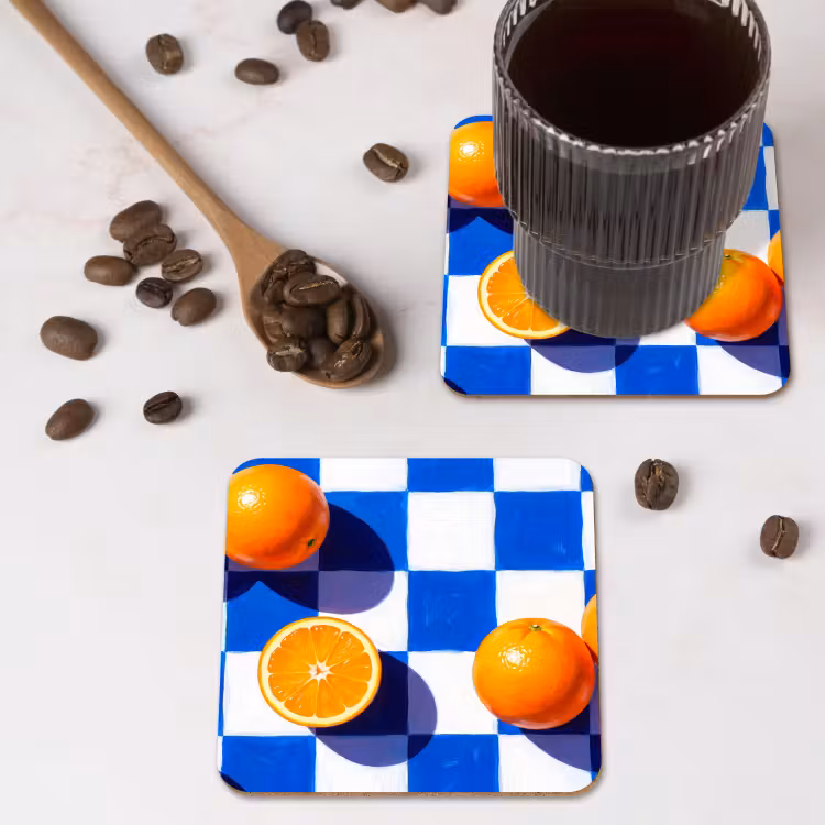 Untersetzer - Orange – Kariert – Essen - Sinaasappel - Geruit - Eten onderzetter kurk middel