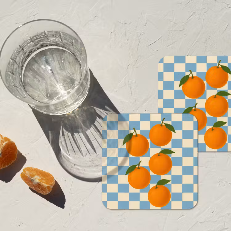 Sinaasappels - Blaadjes - Geblokt - Blauw onderzetter kurk middel -sfeer4