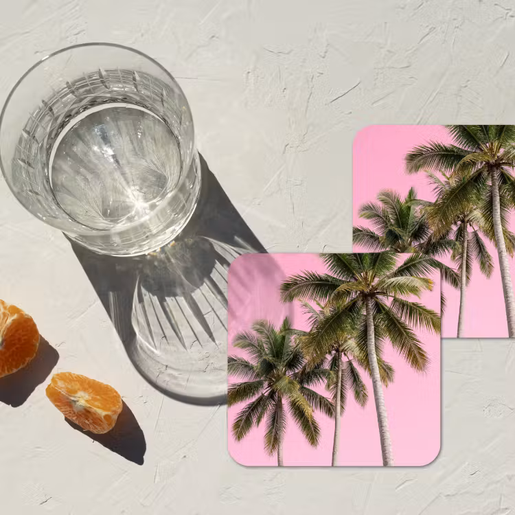 Palmboom - Tropisch - Pink onderzetter kurk middel -sfeer4