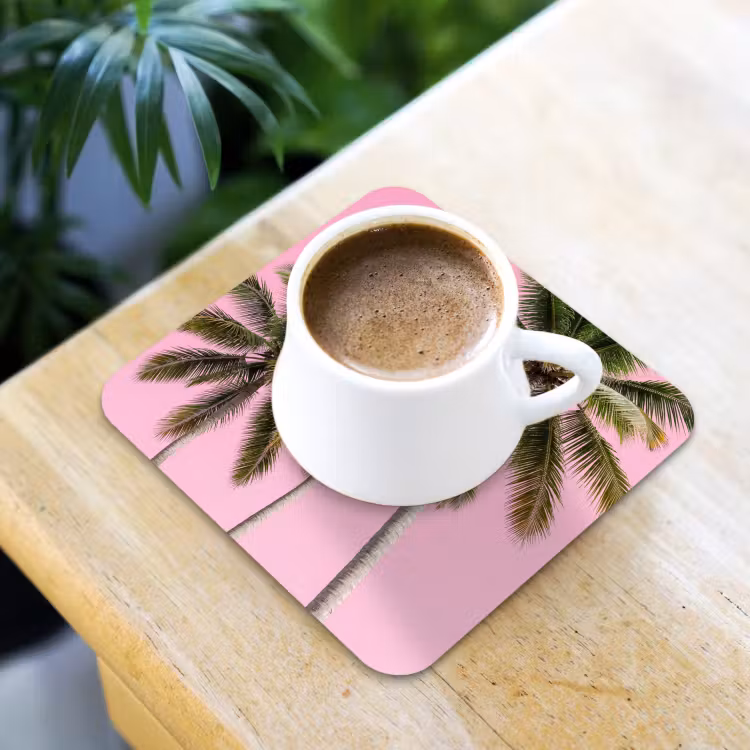 Palmboom - Tropisch - Pink onderzetter kurk middel -sfeer5