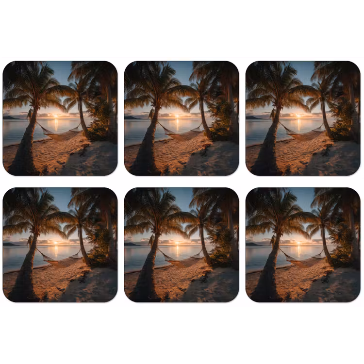 Palmbomen - Hangmat - Strand - Zonsondergang onderzetter kurk middel -zkaufland3dotto