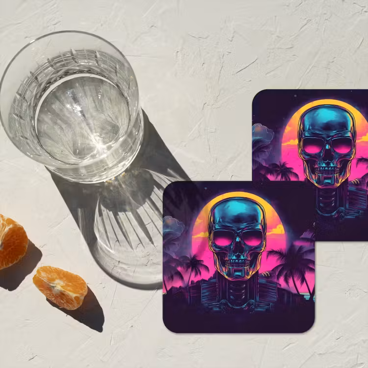 Palmbomen - Hoofd - Metallic - Zonsondergang onderzetter kurk middel -sfeer4