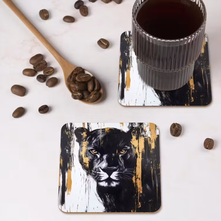 Panter - Zwart - Abstract - Verfstreken onderzetter kurk middel -sfeer2