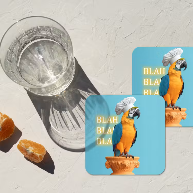 Papegaai - Koksmuts - Quote - Neon onderzetter kurk middel -sfeer4