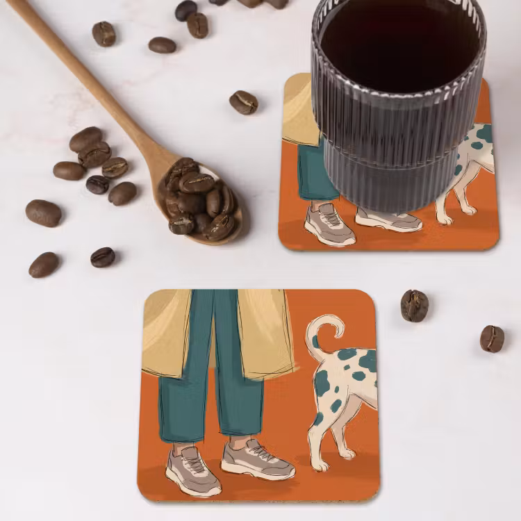 Persoon - Hond - Dieren - Illustratie - Modern onderzetter kurk middel -sfeer2