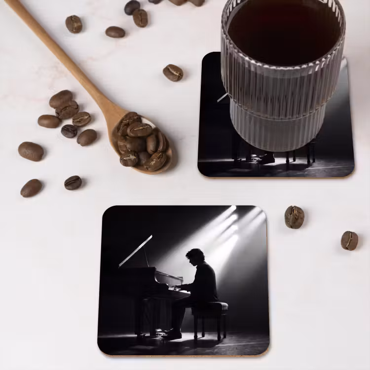Persoon - Piano - Muziek - Zwart-wit - Podium onderzetter kurk middel -sfeer2