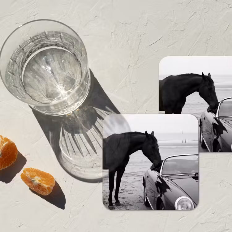 Paard - Auto - Zwart - Wit onderzetter kurk middel -sfeer4