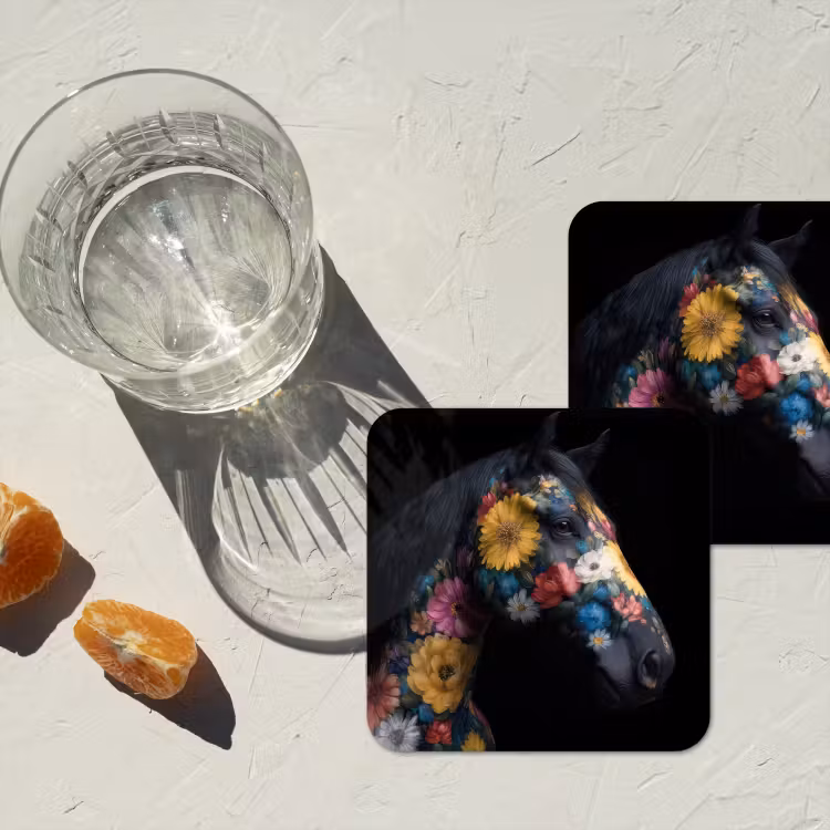 Paard - Bloemen - Zwart onderzetter kurk middel -sfeer4
