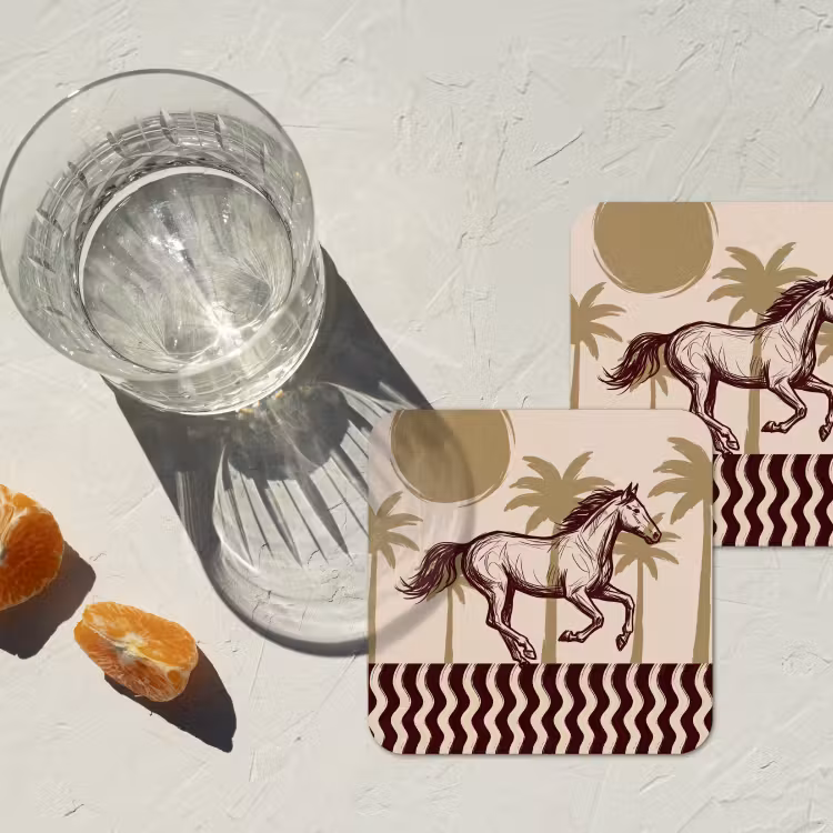 Paard - Galopperend - Woestijn - Illustratie onderzetter kurk middel -sfeer4
