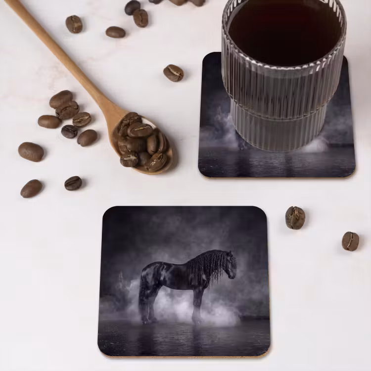 Paard - Magisch - Zwart onderzetter kurk middel -sfeer2