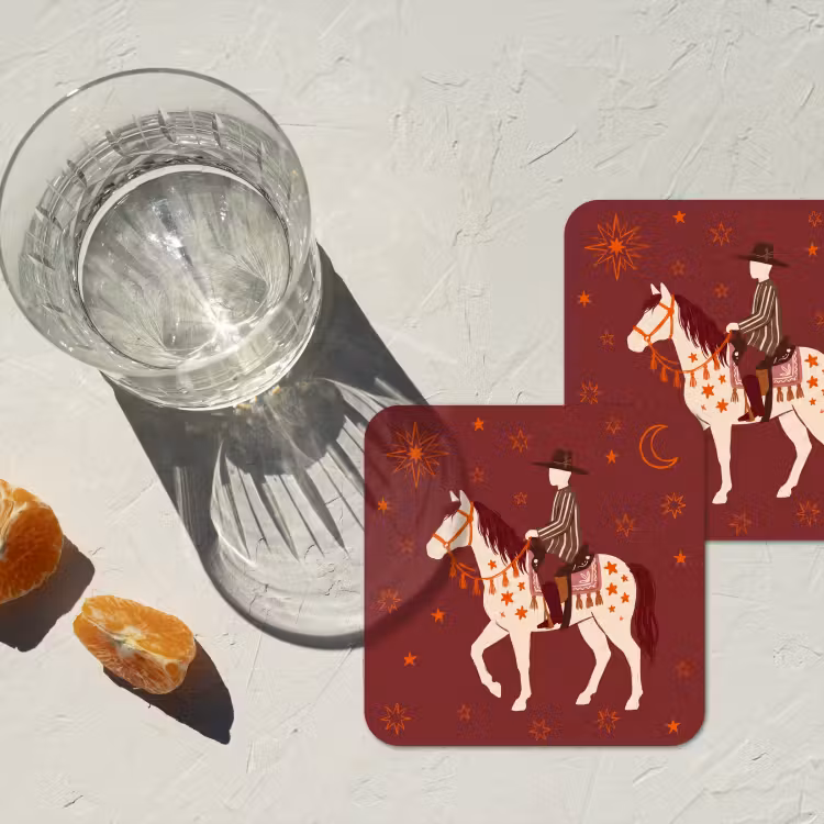 Paard - Ruiter - Sterren - Nacht - Illustratie onderzetter kurk middel -sfeer4