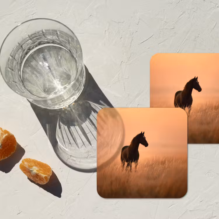 Paard - Grasveld - Zonsondergang onderzetter kurk middel -sfeer4