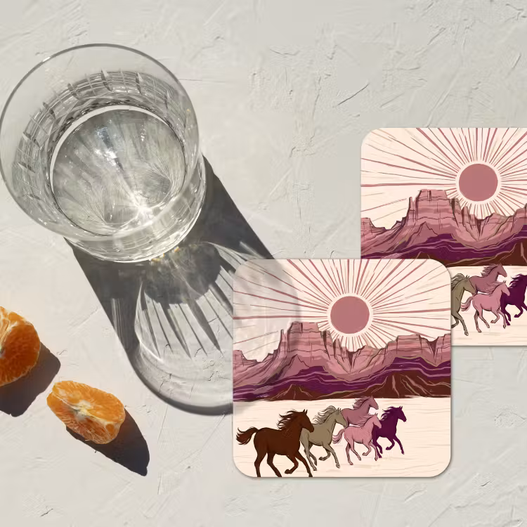 Paarden - Rennend - Woestijn - Natuur - Abstract onderzetter kurk middel -sfeer4