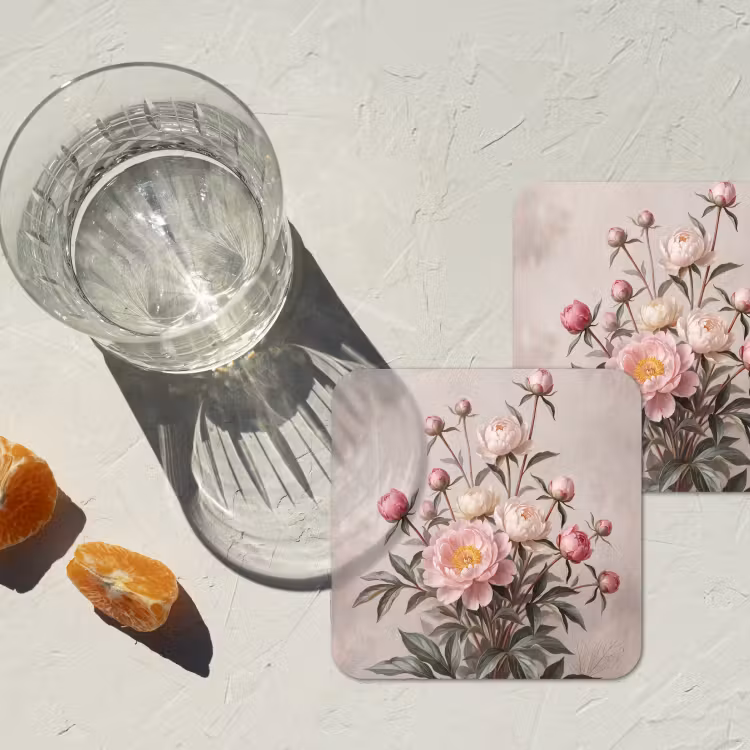 Pioenrozen - Boeket - Roze onderzetter kurk middel -sfeer4