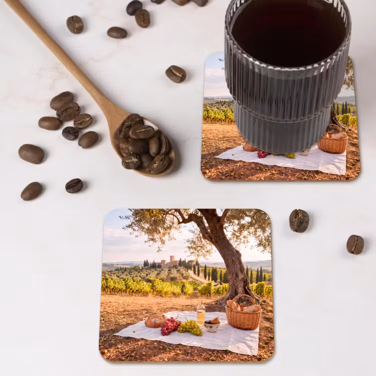 Picknick - Wijngaard - Landschap - Zomer - Eten onderzetter kurk middel -sfeer2